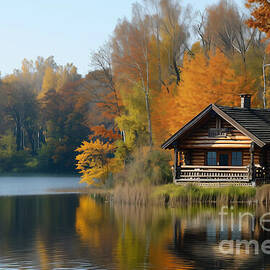 Log cabin by the lake in fall by Delphimages Photo Creations