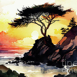Lone Cypress Tree at Sunset by Laura's Creations