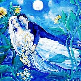 Lovers and Sunflowers .. after Chagall  by Trudi Doyle