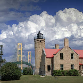 Mackinaw City Lighthouse with Mackinac Bridge in a Nautical Deco by Randall Nyhof