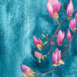 Magnolias on Turquoise  by Joni Rivera