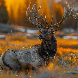 Majestic elk with impressive antlers in a golden lit wetland at dusk.