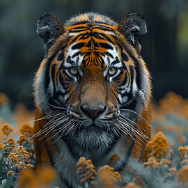 Majestic tiger gazing forward amidst vibrant orange flowers with a dark, moody forest backdrop.