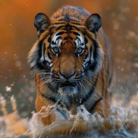Majestic tiger wading through water with splashes, intense gaze, vibrant orange backdrop.