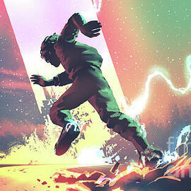 Man Sprinting Through a Colorful Electric Storm   by Tithi Luadthong