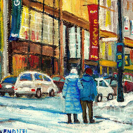 Montreal Winter Scene With Couple Stolling On Downtown Street Grace Venditti Canadian Artist by Grace Venditti