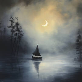 Moonlit Solitude - Lone Boat Art by Lourry Legarde
