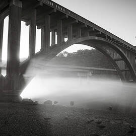 Morning Mist Under Lake Taneycomo Bridge In Black And White - Branson Missouri by Gregory Ballos