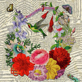 Musical collage notes, flowers, butterflies, grasshopper, bird. by Elena Gantchikova