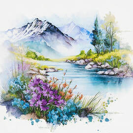 Natural Landscape Mountains Flowers And River Print, Landscape Watercolor Painting by Mounir Khalfouf