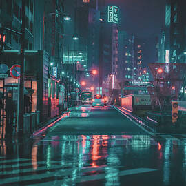 Neon City Street Reflections at Night by John Taylor