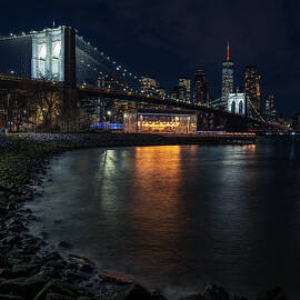 Night Brooklyn Bridge and City Skyline Past Janes Carousel by Mike Reid