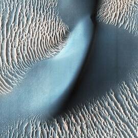 Nili Fossae layered bedrock as horizontal striations in the light toned sediments in the floor of a  by Les Classics