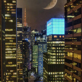 NYC View from 20th floor Color Night Architecture Moon  by Chuck Kuhn