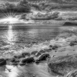 Oahu Hawaii Tracks Beach Star Burst Sunset B W Pacific Ocean Seascape Landscape Art by Reid Callaway