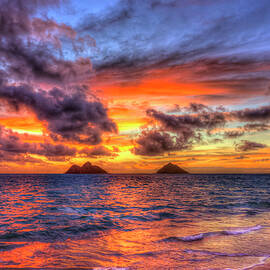 Oahu HI Lanikai Beach Reflective Sunrise CloseUp Mokulua Islands Pacific Ocean Seascape Art by Reid Callaway