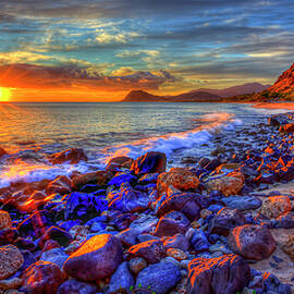 Oahu HI Tracks Beach Glorious Sunset Reflections Panorama Pacific Ocean Seascape Art by Reid Callaway
