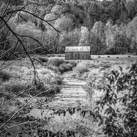Old Barn by the Creek Creeper Trail in Autumn Black and White To by Debra and Dave Vanderlaan