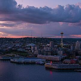 Over Seattle Space Needle Sunset Clouds by Mike Reid