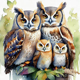 Owl Family Watercolor by Dr Debra Stewart