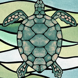 Pale Green Watercolor Turtle On Wave 
