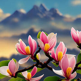 Panorama of delicate pink magnolia flowers by Viktor Birkus