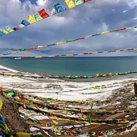 Panorama of Lake Namtso in Tibet. 4900 m. by Helen Filatova