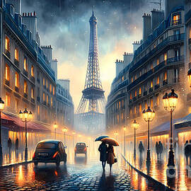 Parisian Streets in Rain, A romantic rainy scene on the streets of Paris with the Eiffel Tower by Jeff Creation