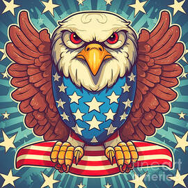 Patriotic bald eagle clasping a red and white striped banner. Retro toned vintage style character with US flag theme for 4th of July celebrations. Star burst background. Generative AI. by Jane Rix