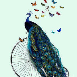 peacock on a bicycle with butterflies