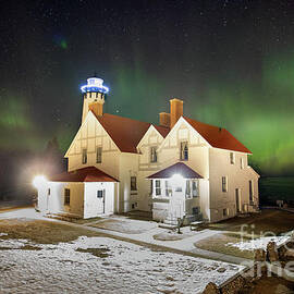 Point Iroquois Lighthouse Northern Lights -2949 by Norris Seward