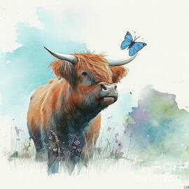 Portrait  of a Highland Cow and a Butterfly by Laura's Creations