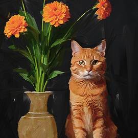 Portrait painting of a curious golden cat by Gerry Martinez Nature Wall Art Large Prints