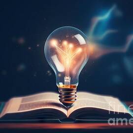 premium glowing light bulb and book or text book with futuristic icon self learning or education knowledge and business studying concept idea of learning online class or e learning at home by N Akkash