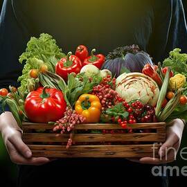 premium Hands holding wooden box with vegetables by N Akkash