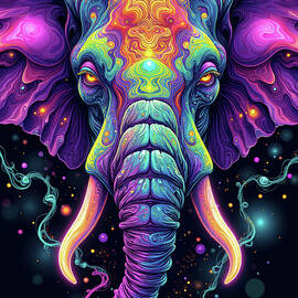 Psychedelic Neon Elephant with Cosmic Patterns by John Taylor