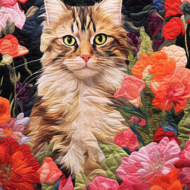 Quilted Cat in the Flower Garden by Peggy Collins