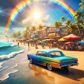 Rainbow Arch Over Colorful Sandy Beach Of Classic Car And People