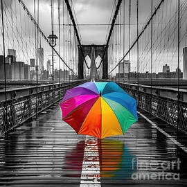 Rainbow Umbrella on Brooklyn Bridge by Elisabeth Lucas