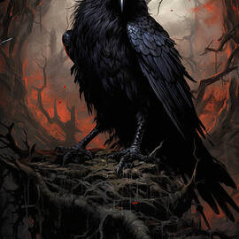 Raven in a dark forest. Depiction of a single bird, side profile, perched on a tree roots with dark undergrowth behind. by Jane Rix