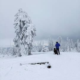 Rear view of a man with a dog standing on an edge of a mountain during winter snow. by Arpan Bhatia