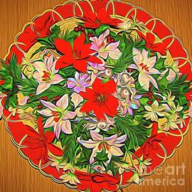 Red and White Poinsettias Christmas Wreath Abstract Expressionism Effect by Rose Santuci-Sofranko