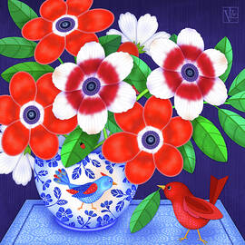 Red Bird with Flowers in Vase by Valerie Drake Lesiak