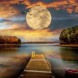 Red Canoe at the Moonlit Lake Dock by Debra and Dave Vanderlaan