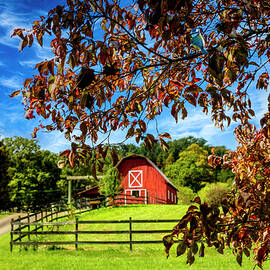 Red Country Barn in the Dogwoods by Debra and Dave Vanderlaan