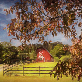 Red Country Barn in the Dogwoods Painting by Debra and Dave Vanderlaan
