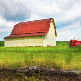 Red Roof Barn and Red Tractor Painting by Debra and Dave Vanderlaan