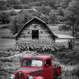 Red Truck in Early Autumn Fields Black and White by Debra and Dave Vanderlaan