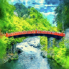 Sacred Bridge Shinkyo over the Daiya River, Nikko, Japan - digital painting by Nicko Prints