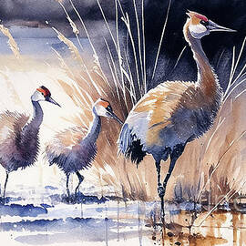Sandhill Crane Family Crossing the Marsh by Laura's Creations